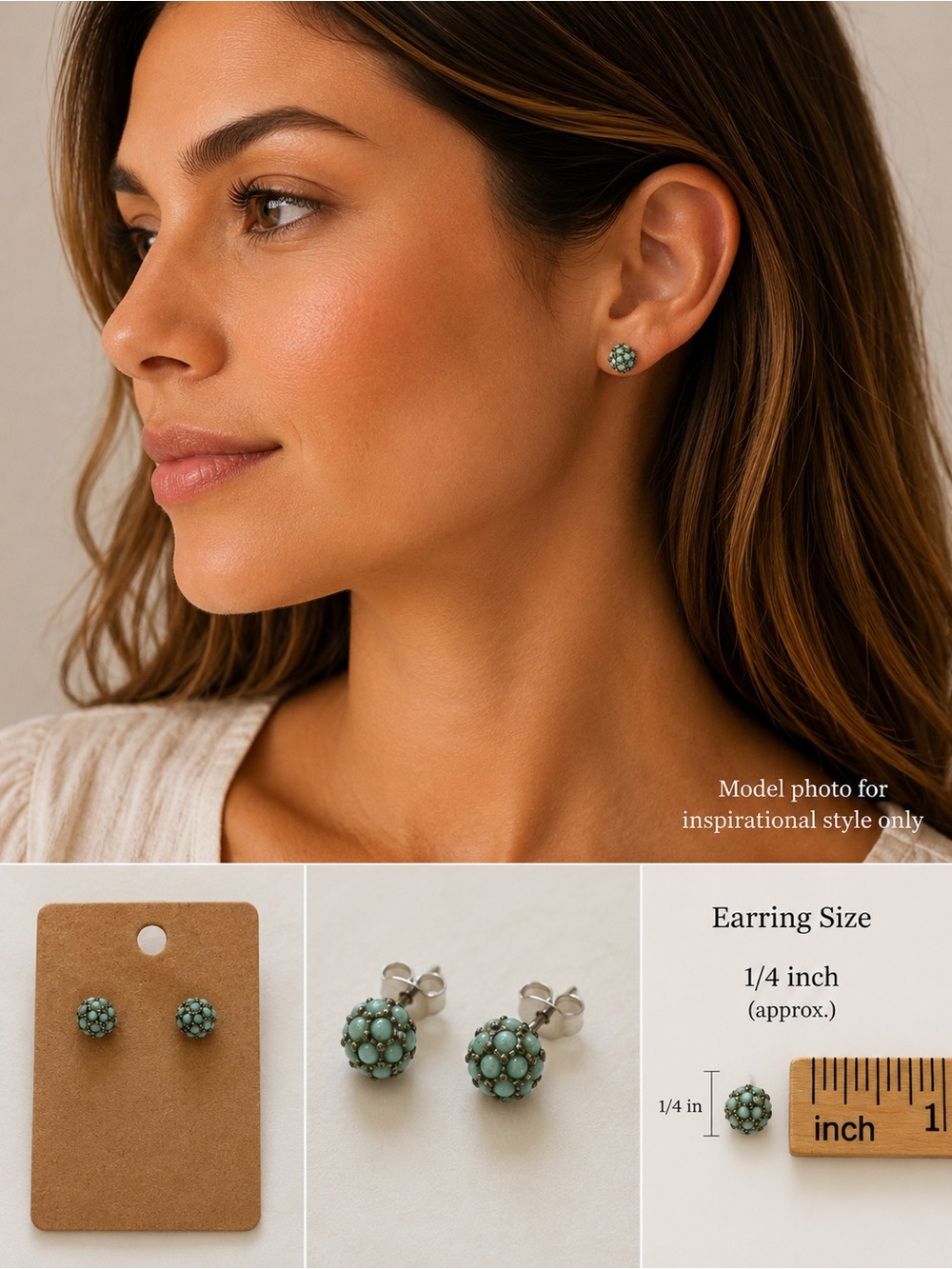 Tiny Turquoise Ball Stud Earrings Dainty Vintage Inspired Beaded Studs